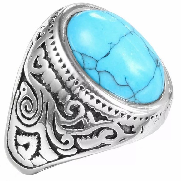 Stylish Silver Stainless Steel Turquoise Ring! - Picture 2 of 5